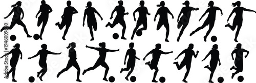 Silhouette soccer players in action, running, kicking, dribbling, striking ball, dynamic sports illustration, athletic movement, football training concept