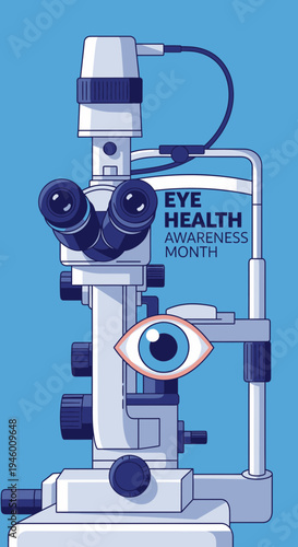 Medical Illustration of Eye Exam Equipment Highlighting Eye Health Awareness Month Focus