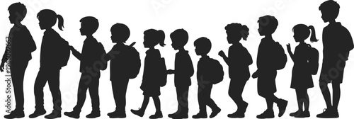 Silhouette children standing in line, diverse ages, students with backpacks, school illustration, childhood concept, education theme, group activity scene
