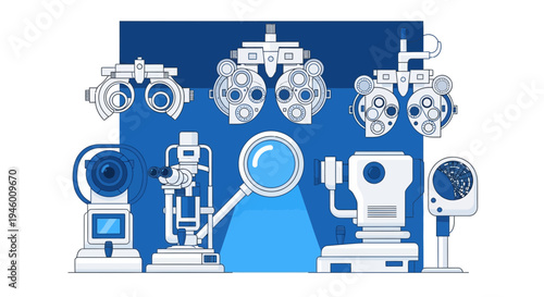 Medical Illustration Of Eye Examination Equipment For Vision Care And Optometry