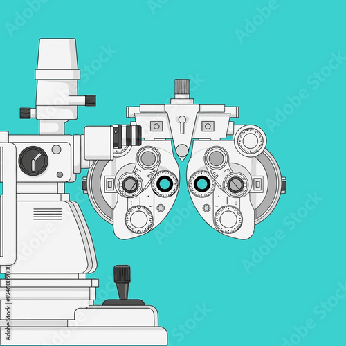 Medical Illustration of Ophthalmic Equipment for Vision Examination and Diagnosis on Blue Background