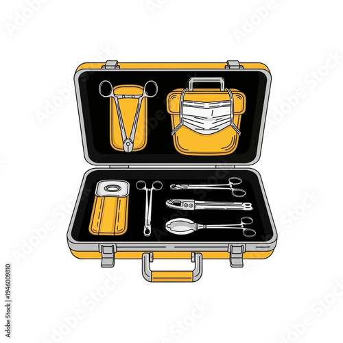 Medical Instrument Case Illustration Showcasing Surgical Tools and Emergency Supplies for