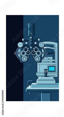 Medical Illustration of Ophthalmic Equipment, Depicting Eye Examination Procedures and Vision Care