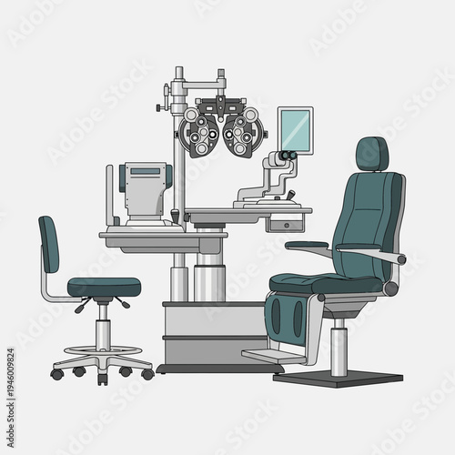 Medical Illustration of Ophthalmic Equipment: Visual Assessment Instruments and Patient Seating