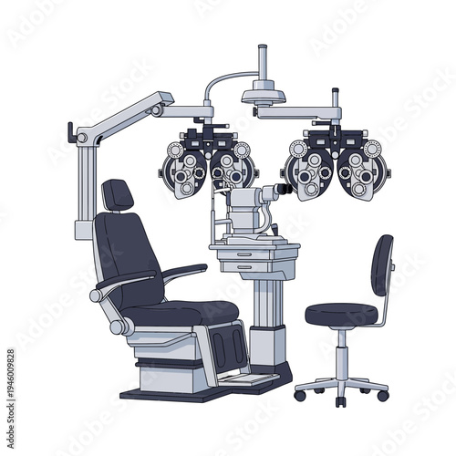 Medical Illustration of Ophthalmic Examination Equipment Depicting Vision Assessment