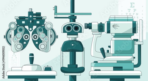 Medical Illustration Of Ophthalmic Examination Instruments In Detailed Illustration