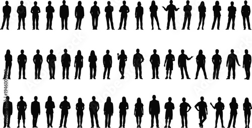 people silhouettes collection, men women standing poses, casual urban people, diverse human figures, everyday lifestyle concept, isolated black silhouettes