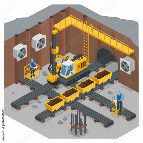 Mining Operation with Heavy Machinery and Conveyor System.
