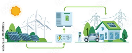 Flat vector illustration of smart grid energy distribution process. Green energy generation flow from solar and wind to battery storage, house and EV. Flat design graphic for ecology infographic.