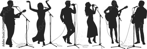 Silhouette band performing live on stage, musicians singing, guitar players with microphones, concert illustration, group collaboration, music entertainment concept