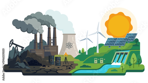 Vector concept of energy transition. Split landscape comparing traditional fossil fuel pollution with clean renewable wind and solar power. Flat design graphic illustration for ecology infographic.