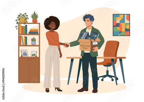 Flat vector illustration of HR manager welcoming new employee with handshake and corporate welcome pack box. Flat design graphic for company onboarding presentation or landing page.