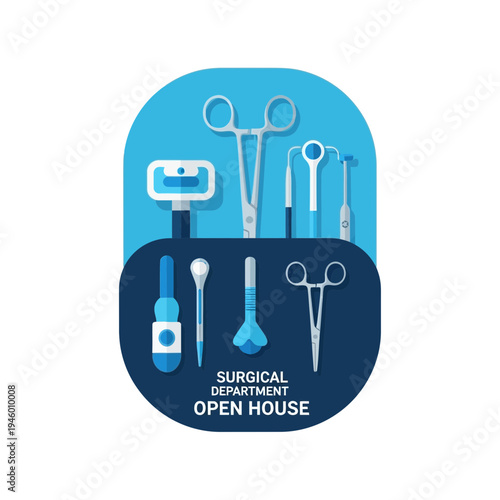 Medical Instrument Display: Surgical Tools Arranged in Blue Oval for Open House Promotion