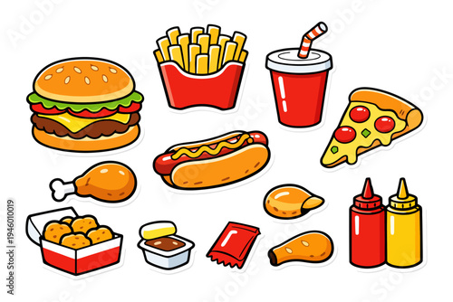 Colorful fast food icons: burger, fries, pizza, hot dog, soda, chicken, condiments.