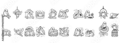 Cute Budgerigar Coloring Page Set – Black and White Budgie Line Art Collection for Kids, Printable Bird Coloring Illustration Vector