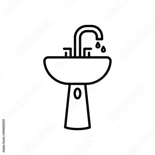 Simple line drawing of a pedestal sink with faucet and water drops