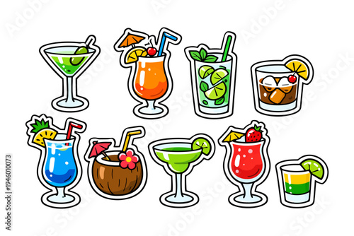 Colorful cocktail collection with tropical drinks and garnishes in glasses.