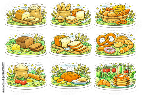 Variety of freshly baked bread and pastries in nine detailed illustrations.