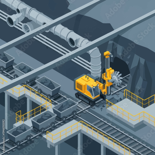 Yellow mining machine excavating rock in underground mine.