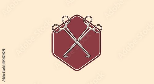 Medical Instrument Icon Featuring Surgical Scissors On A Red Emblem Design