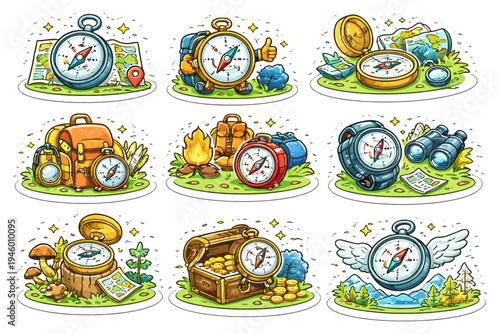 Collection of colorful adventure icons with compasses and outdoor gear.
