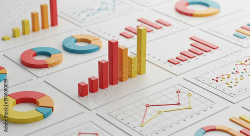 Isometric view of various colorful charts and graphs arranged on a white surface for data analysis