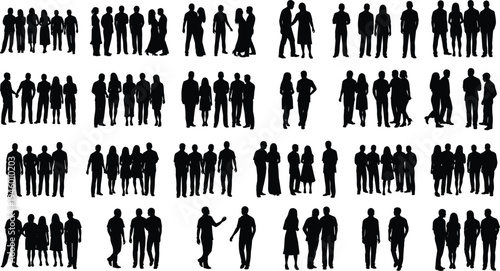 People silhouettes group collection, couples friends standing walking together, social interaction community crowd, human figures illustration set