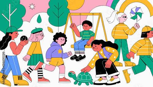 A stylish girl carrying colorful shopping bags is depicted in this modern vector illustration