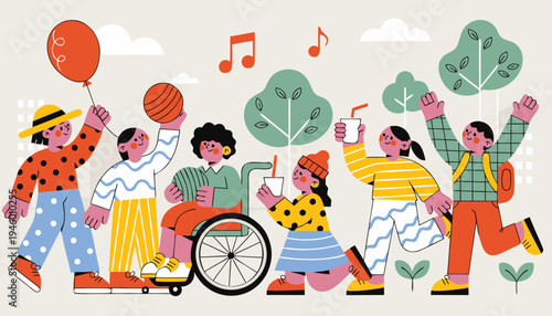 Vector illustration of a happy family and kids playing with birthday balloons in a fun cartoon drawing of a circus pattern for childhood joy