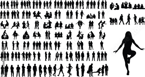 People silhouettes mega bundle, diverse human figures set, men women standing walking sitting poses, social interaction, lifestyle characters collection