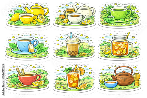 Variety of tea and beverage illustrations with lemons and herbs in vibrant colors.