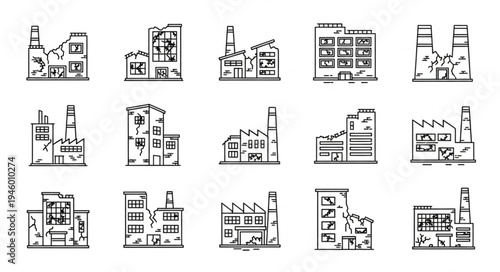 Collection of Industrial Buildings and Factories in Sketch Style.