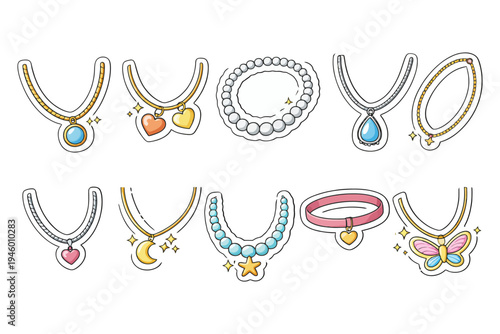 Colorful cartoon jewelry collection with necklaces, pendants, and bracelets.