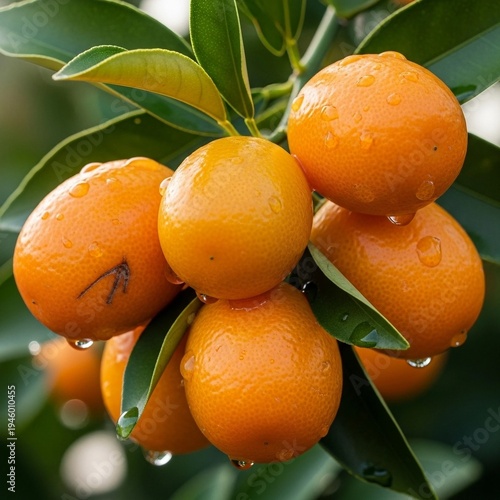 Ripe Oranges Image of Vibrant Citrus Cluster with Glossy Leaves and Rain-Kissed Texture for Fresh Produce or Nature Themes