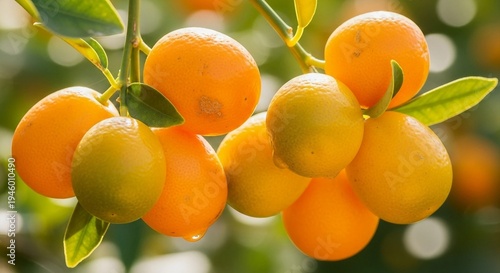 Ripening Oranges Image of Cluster of Citrus Fruits in Varying Shades Hanging from Tree Branch for Agricultural or Botanical Themes