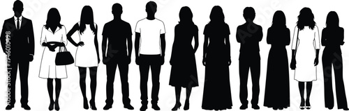 People silhouettes lineup, men and women standing characters, diverse individuals group, fashion lifestyle figures, human profile illustration set