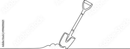 Single Line Drawing of Garden Shovel Digging Ground Minimal Tool Illustration