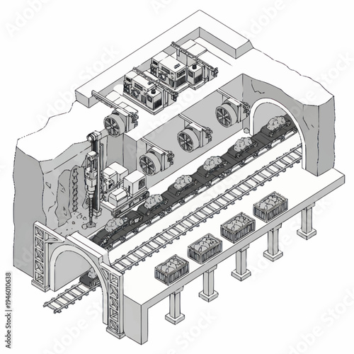 Underground Mining Operation with Trains and Equipment.