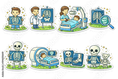 Cartoon doctors and children engaging in medical examinations and treatments.