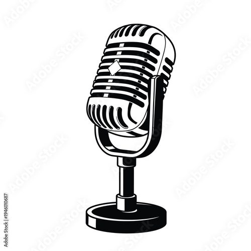 Vintage microphone on stand in black and white