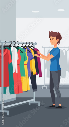 Man Choosing Colorful Clothing Store.