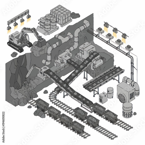 Industrial Mining Operation with Excavators and Conveyor System.