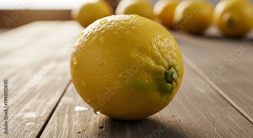 Single Lemon Image of Fresh Yellow Citrus Fruit with Glossy Skin and Dew on Wooden Surface for Culinary Themes
