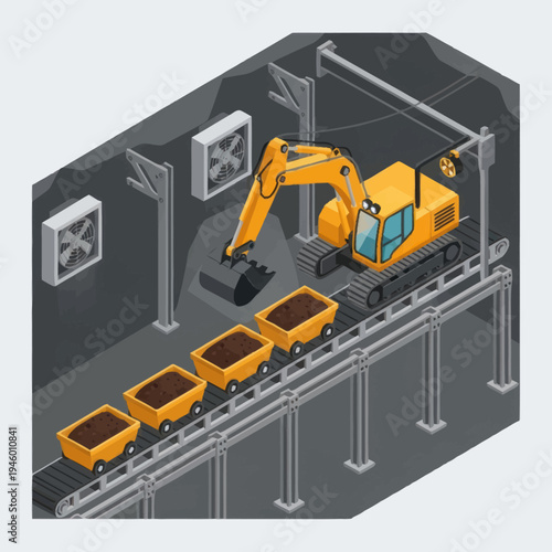 Excavator Loading Coal onto Conveyor Belt in Mine.