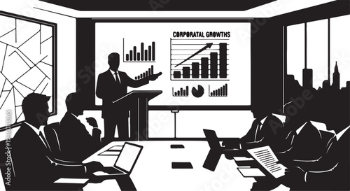 A black and white silhouette illustration of a business meeting taking place in a modern office Vector, illustration