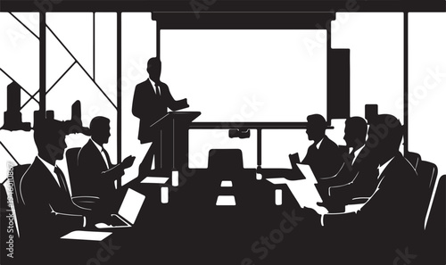 A silhouette of business professionals attending a formal corporate meeting in a modern boardroom Vector, illustration