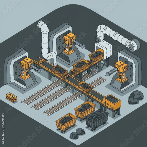 Isometric Coal Mining Industry Conveyor System Illustration.