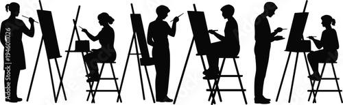 Artist painting silhouettes collection showing painters working on easel canvas isolated on white background, creative art studio vector illustration set