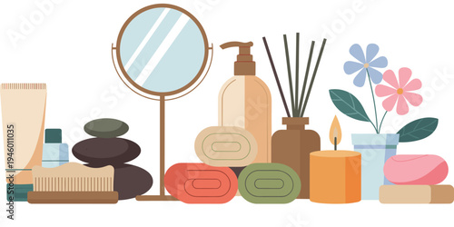 Set of spa and cosmetic products with bottles soap towels flowers candles and massage stones for beauty care and aromatherapy on a clean white background