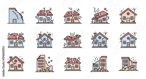 Collection of Earthquake Damaged House Illustrations.